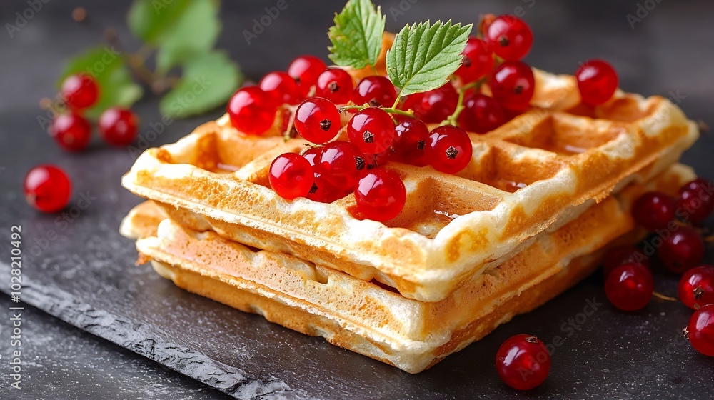 Poster belgian waffles with fresh red currant berries slate dark background close up : generative ai