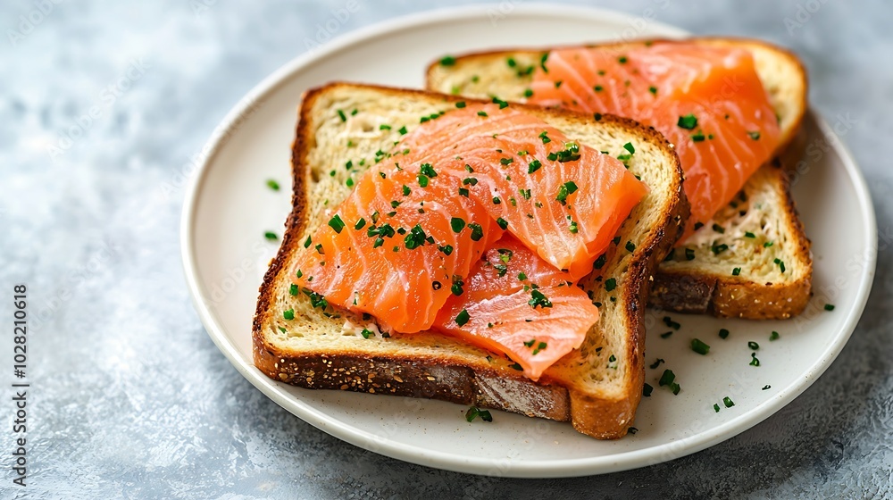 Poster sandwich toast with smoked salmon and cream cheese on white plate marble background copy space top v