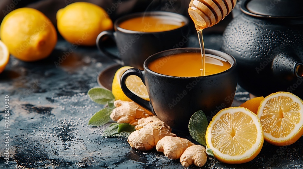 Poster ginger lemon honey tea in black cups tea pot with fresh slices roots dark background top view : gene