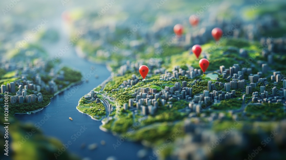 Poster close up view of tilt shift map featuring red pins marking various locations, surrounded by lush gre