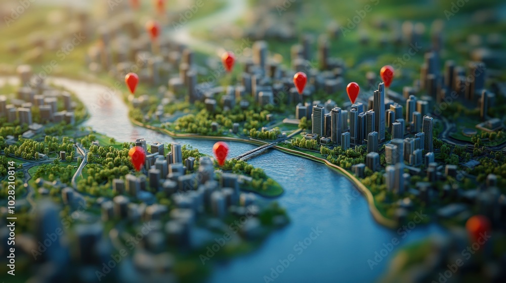 Poster close up of tilt shift map featuring red pins marking various locations along river and cityscape, c