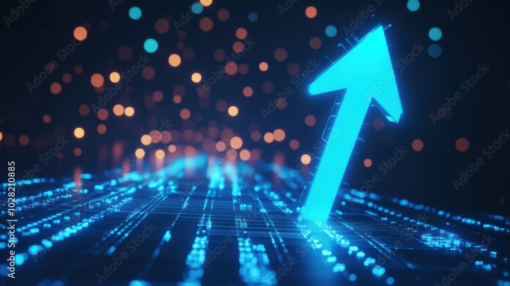 Poster digital background featuring blue glowing arrow pointing upwards, surrounded by vibrant bokeh lights