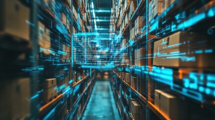 Digital twin of warehouse showcasing futuristic view with data overlays and organized shelves filled with boxes. This captures essence of modern logistics and technology integration