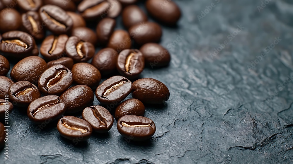 Poster coffee beans on grey slate background copy space : generative ai