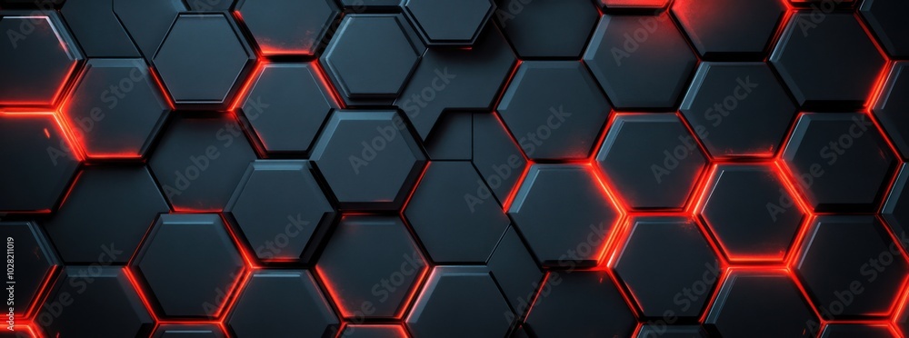 Poster modern hexagonal shapes create striking pattern against dark background, illuminated by vibrant red 