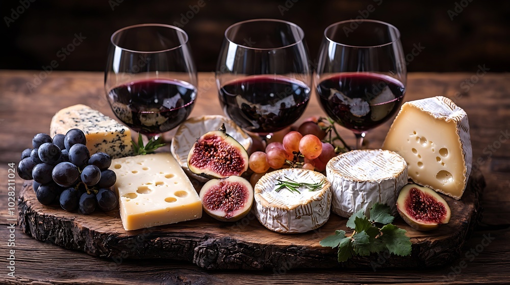 Poster assortment of cheese grapes with red wine in glasses wooden background : generative ai