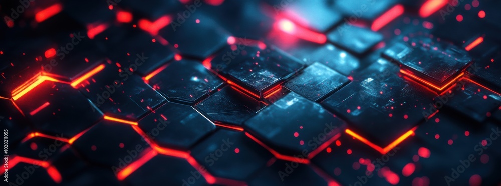 Poster futuristic hexagonal shapes with glowing red accents create striking visual on dark background, evok