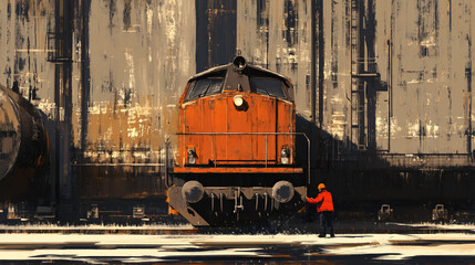 A train engineer inspecting a locomotive in a maintenance yard.