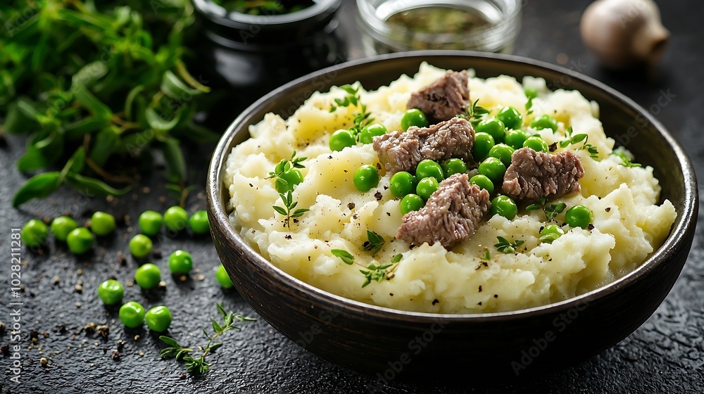 Poster mashed potatoes with beef meat and green peas in bowl dark background top view : generative ai