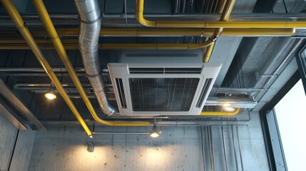 Naklejka premium modern air conditioning unit is installed on ceiling, surrounded by yellow and silver pipes, providing efficient cooling in industrial space. lighting enhances contemporary atmosphere