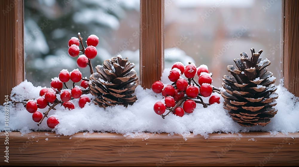 Poster wooden frame window with red berries hawthorn snow and cones christmas happy new year background : g