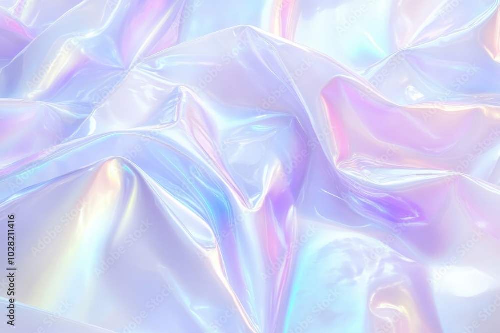 Poster iridescent holographic fabric creates mesmerizing abstract background with soft folds and shimmering
