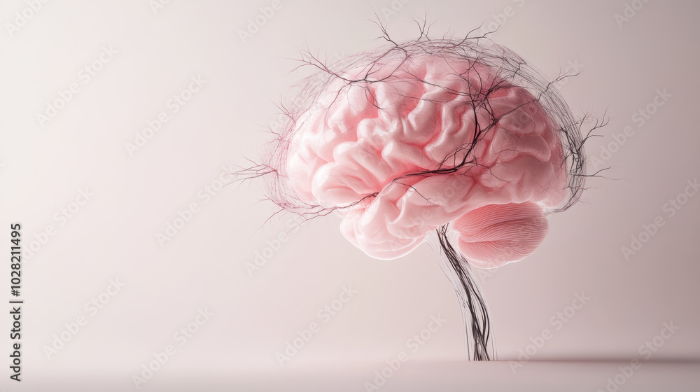 Poster 3d rendering of brain in soft pastel colors, showcasing intricate neural connections. this artistic 