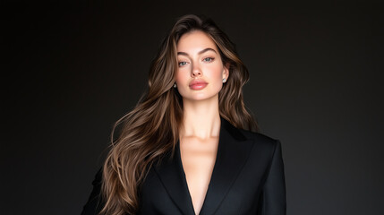 Elegant Woman in Black Blazer on Dark Background