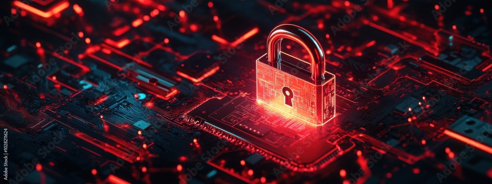 Poster digital padlock symbolizes cybersecurity, surrounded by network of glowing circuits and data. this c