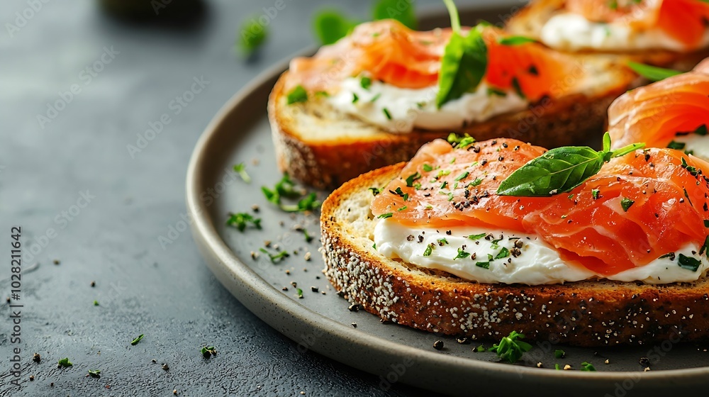 Poster Sandwich toast with smoked salmon and cream cheese on plate Grey background Copy space Top view : Generative AI