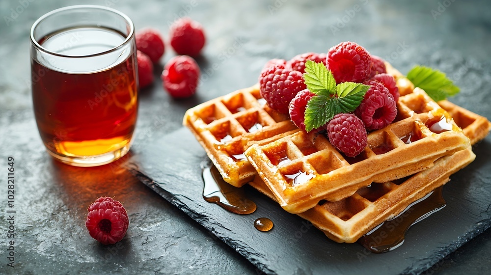 Poster Belgian waffles with maple syrup and fresh raspberry Grey slate background Top view : Generative AI