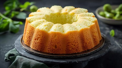 Pandan chiffon cake Traditional Indonesian desert Stone background Top view : Generative AI