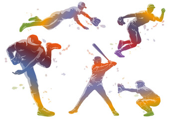 Baseball Players Colorful Silhouette Vector Illustration Set Isolated On A White Background. 