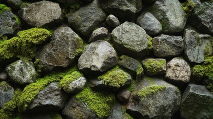 Moss-Covered Stone Wall with Lush Green Growth