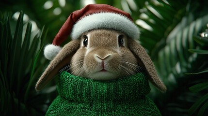 Fototapeta premium Cute Bunny in Santa Hat and Green Sweater for Christmas
