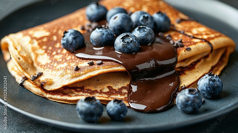 Poster crepes thin pancakes with chocolate sauce and fresh blueberries grey background close up top view : 