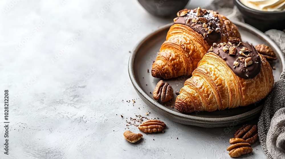 Aufkleber fresh croissants with cream cheese and chocolate and nut cream on plate on a white background : gene