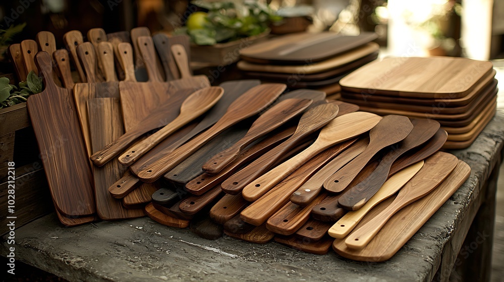Poster set of chopping different wooden boards spoons stone background : generative ai
