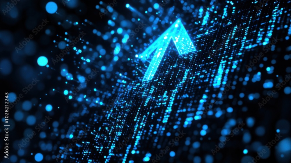Aufkleber digital abstract background featuring glowing blue arrow amidst cascade of light particles, symboliz