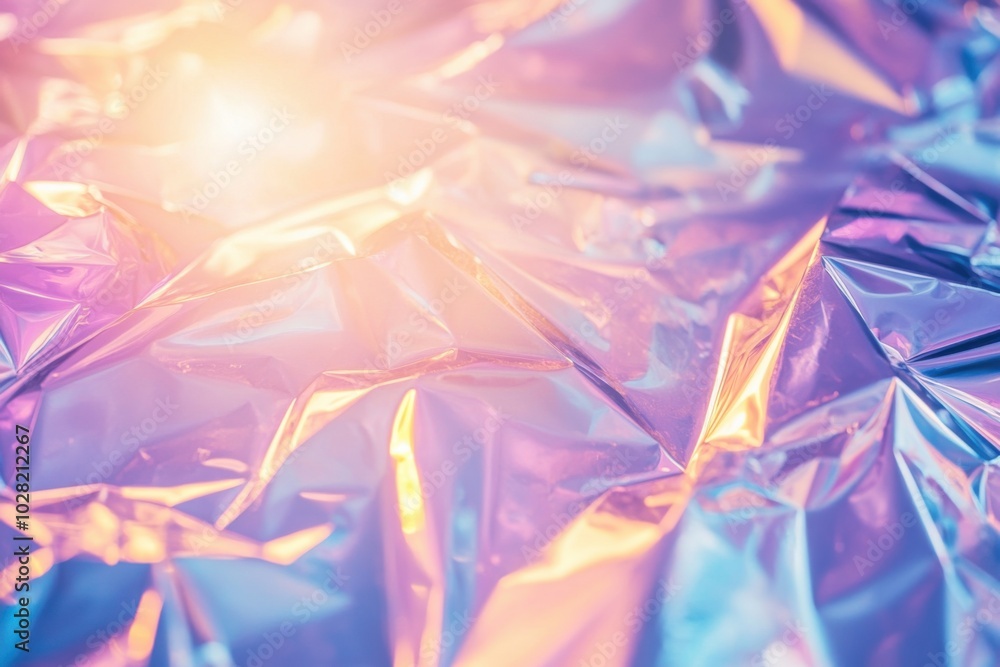 Poster iridescent holographic background with crumpled foil texture, reflecting light in vibrant colors. sh
