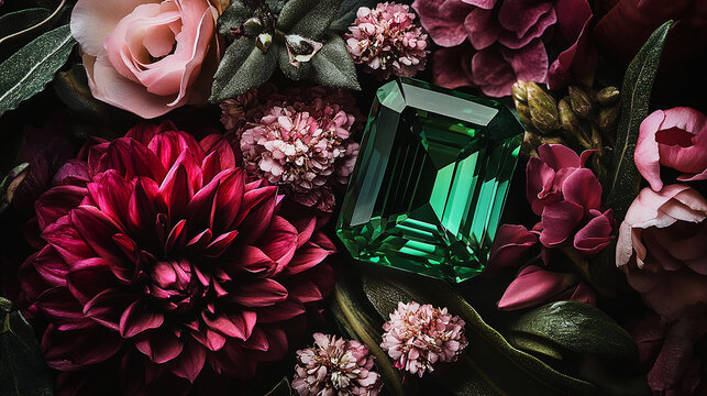 A stunning emerald with deep green tones surrounded by flowers