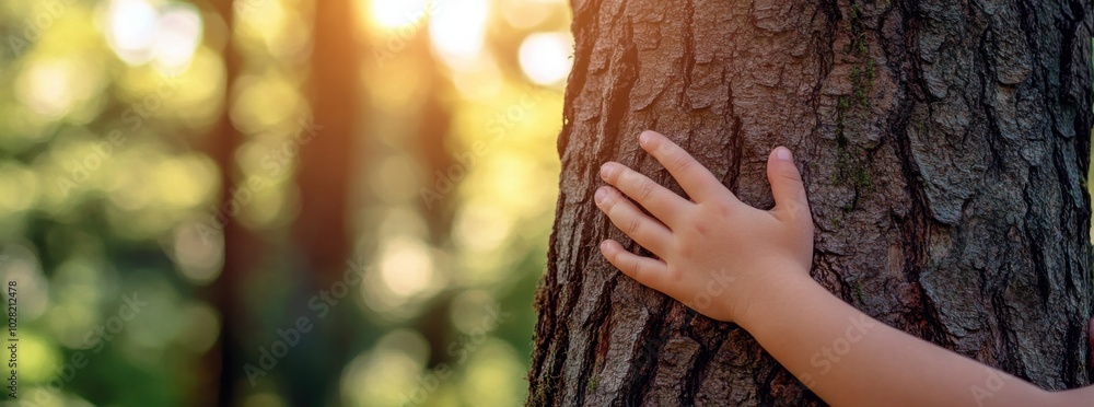 Poster close up of hand gently hugging tree trunk in serene forest setting, capturing moment of connection 