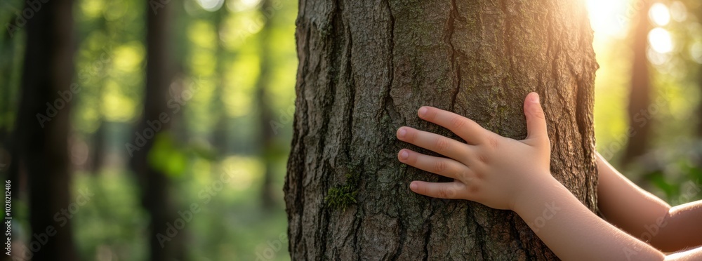 Poster embracing nature, close up of hands hugging tree trunk in serene forest setting, captures moment of 