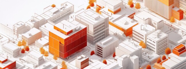 Obraz premium vibrant isometric blueprint of city center featuring modern architecture in shades of orange and white, surrounded by stylized trees. design conveys sense of urban planning and creativity