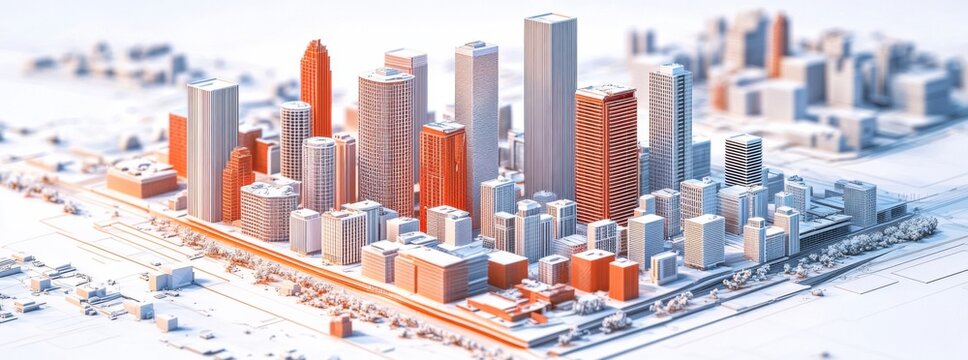 detailed isometric blueprint of modern city center showcasing variety of skyscrapers and buildings in shades of orange and gray. layout emphasizes urban planning and architectural design