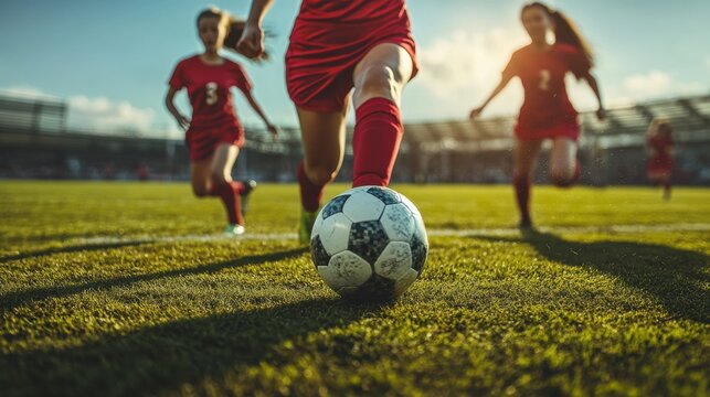 Fototapeta Close up of female soccer players in red uniforms running towards ball on sunny field, showcasing teamwork and determination