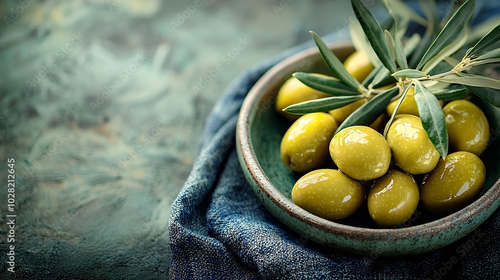 Poster assortment of fresh olives on a plate with olive tree brunches blue textile background top view : ge