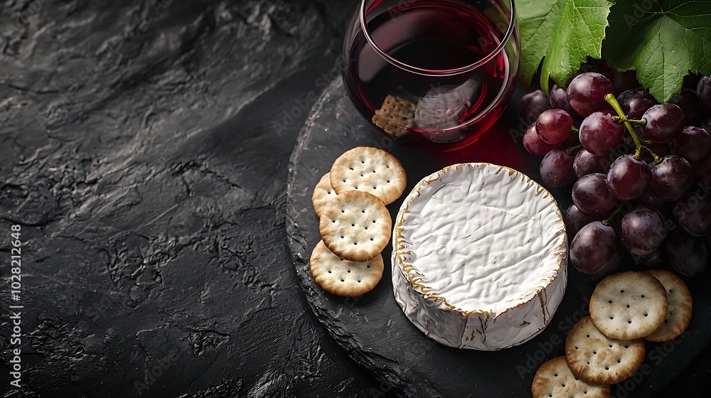 Poster caciocavallo cheese with grapes crackers and red wine dark background top view : generative ai