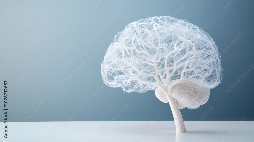 Poster creative representation of brain made from soft fabrics, featuring intricate branches that resemble 