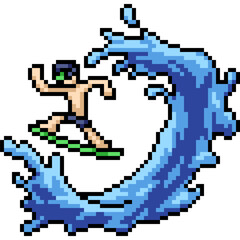 pixel art of boy playing surfboard