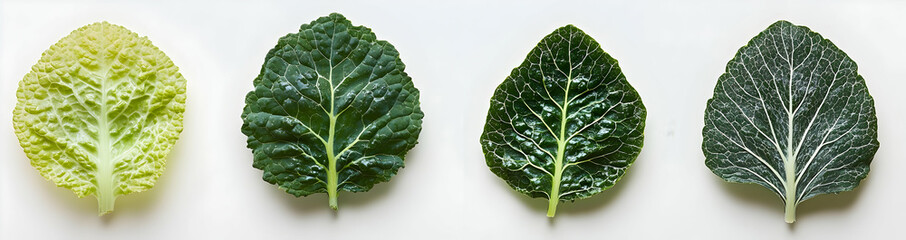 Green and White Cabbage Leaves on White Background.