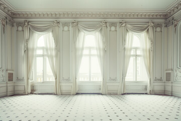 Elegant White Room with Ornate Molding and Windows
