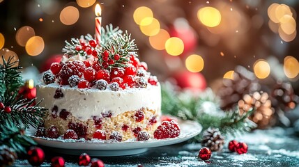 Christmas fruit cake pudding on white plate Christmas decoration Copy space : Generative AI