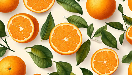 Fresh Oranges and Leaves Seamless Pattern.