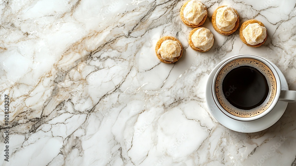 Poster cup of black coffee with amaretti cookies on marble table top view : generative ai