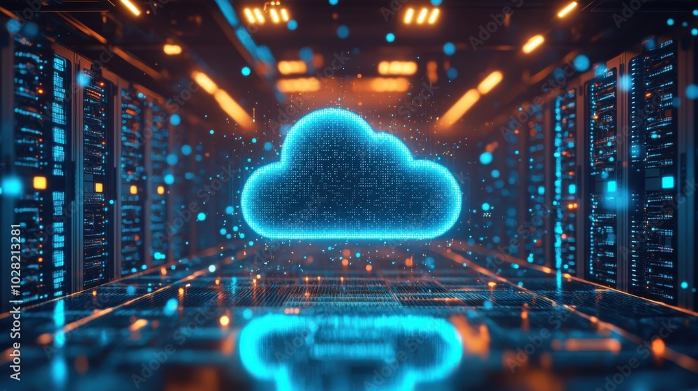 Aufkleber glowing blue cloud icon is depicted in futuristic data center, surrounded by digital particles and i