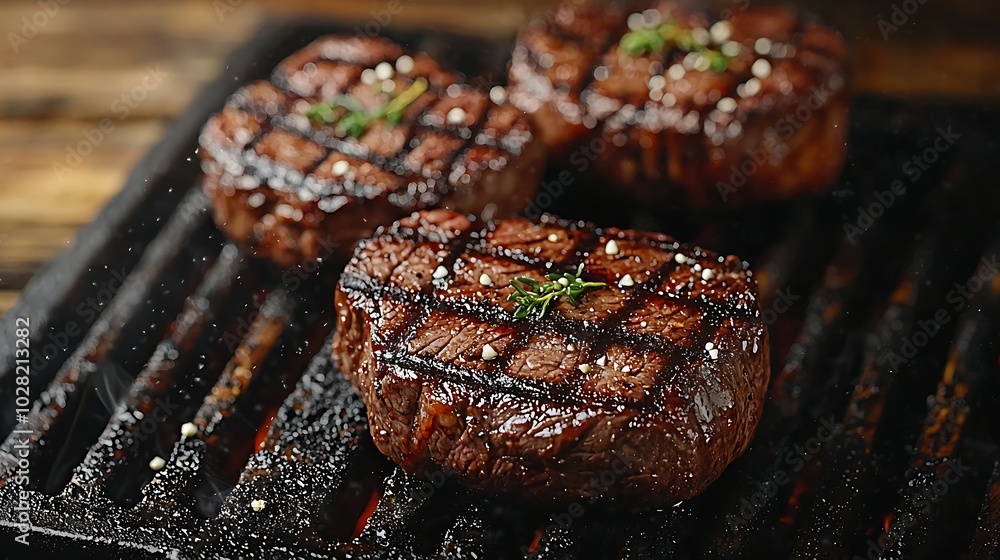 Poster Beef steak on grill surface Copy space Top view : Generative AI