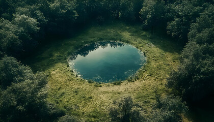 Aerial View of a Pond in a Forest.