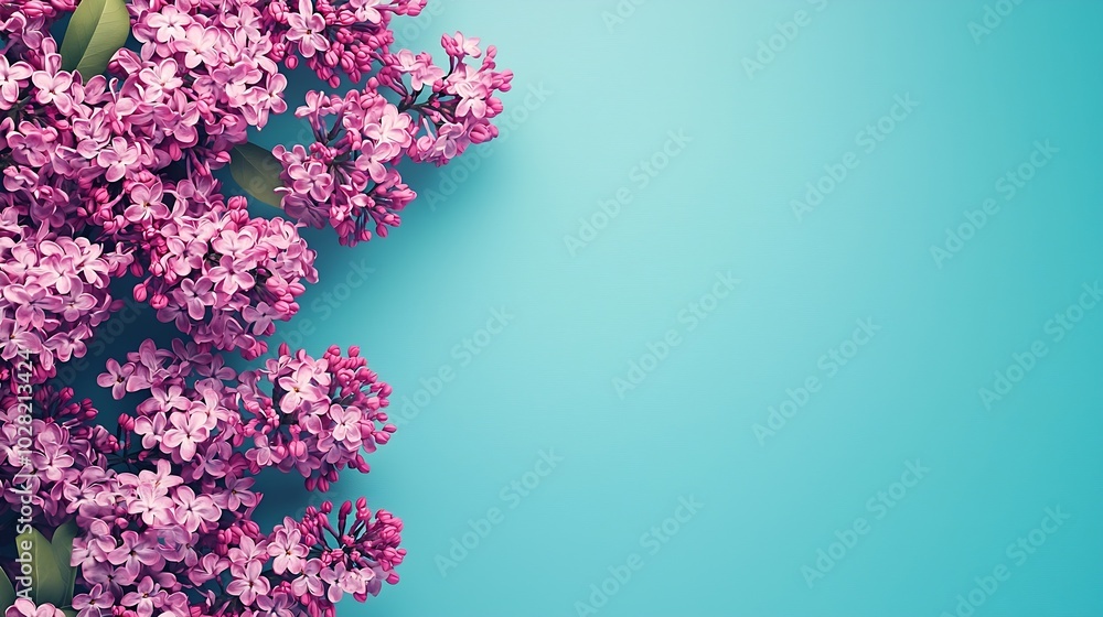Poster bunch of lilac flowers on a turquoise background top view copy space : generative ai