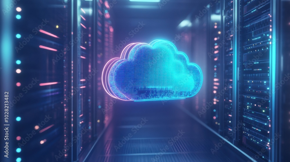 Poster glowing blue cloud icon is prominently displayed in futuristic server room, surrounded by rows of da